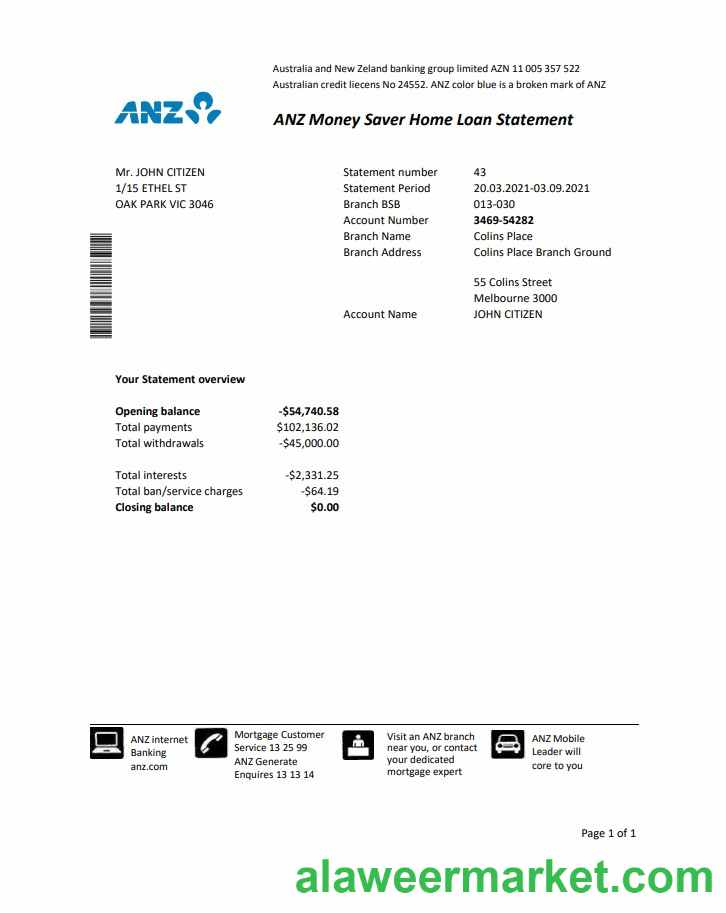 Australia ANZ proof of address bank statement template in Excel and PDF format